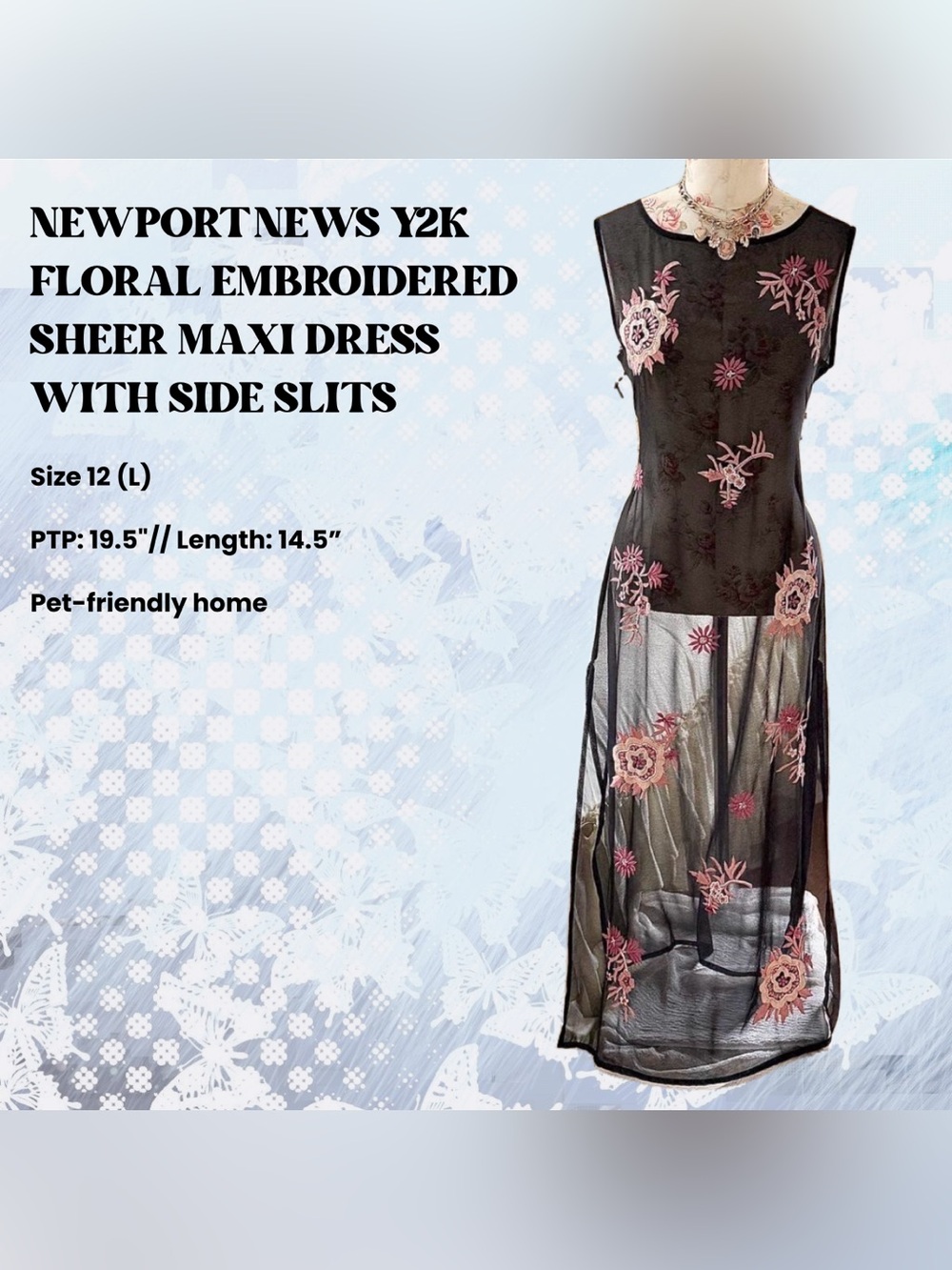 Newport News Y2K Embroidered Mesh Maxi Dress